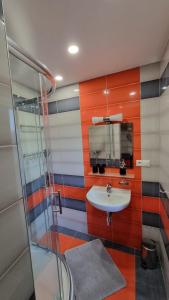 a bathroom with a sink and a shower at Apartmány Gajdošova in Moravská Ostrava +13 photos