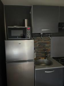 a kitchen with a microwave on top of a refrigerator at Rêves de vie le "Morgiou" avec terrasse et parking privés in Cassis