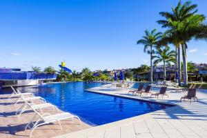 uma grande piscina com cadeiras e palmeiras em Garden Hotel em Campina Grande