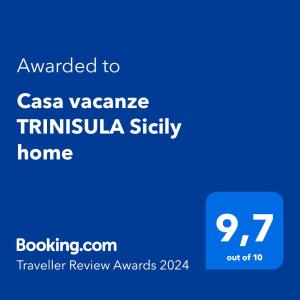 Casa vacanze TRINISULA Sicily home tesisinde sergilenen bir sertifika, ödül, işaret veya başka bir belge