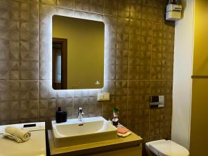 a bathroom with a sink and a mirror and a toilet at Kauno Senamiestis in Kaunas