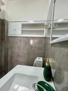 La salle de bains est pourvue d'un lavabo blanc et d'un vase vert. dans l'établissement A 5 minutos do aeroporto! La Vie com estacionamento privado, à Luanda