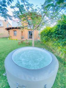 una grande vasca in un cortile con un albero di Casa Las Animas Malinalco a Malinalco