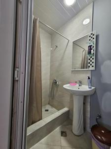 un bagno con lavandino, doccia e WC di Guest House Ketevan Niguriani a Mestia
