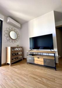 a living room with a large flat screen tv at Charmant T2 au cœur de la ville in Furiani