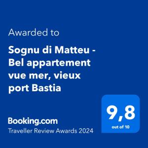 Sertifikat, nagrada, logo ili drugi dokument prikazan u objektu Sognu di Matteu - Bel appartement entièrement climatisé - vue mer, vieux port Bastia