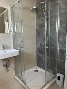 ein Bad mit einer Dusche und einem Waschbecken in der Unterkunft Ein Zimmer Wohnung am Markt in Oelsnitz