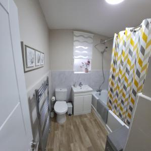 a bathroom with a toilet and a shower curtain at Warm cosy family home in East Tilbury