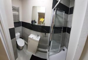 a black and white bathroom with a toilet and a mirror at Warm cosy family home in East Tilbury