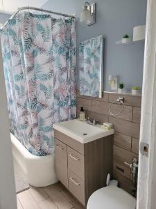 a bathroom with a sink and a shower curtain at Brooklyn Flat Tropical Vibe in Brooklyn