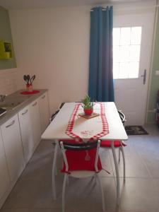 eine Küche mit einem weißen Tisch und einer Pflanze darauf in der Unterkunft La Micalene in Trans-en-Provence