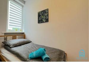 łóżko z niebieskim ręcznikiem w pokoju w obiekcie Panda Room w mieście Gdynia