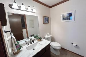 a bathroom with a sink and a toilet and a mirror at Brookstone Pines home in Incline Village