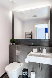La salle de bains est pourvue d'un lavabo, de toilettes et d'un miroir. dans l'établissement Luxury Apartment by Portobello Market, à Londres
