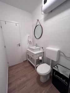 a bathroom with a toilet and a sink and a mirror at Holiday home Omišalj in Omišalj