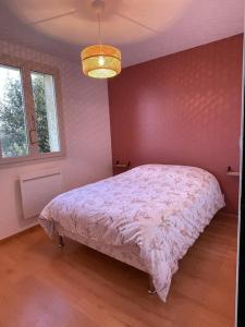 een slaapkamer met een bed in een roze muur bij Halte à Saint Leu - Maison 5 personnes in Saint-Leu