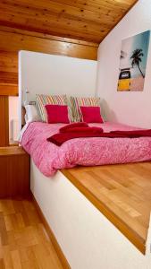 a bedroom with a large bed with a pink comforter at Rincón Estelles in Estella