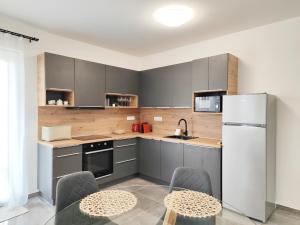 a kitchen with gray cabinets and a white refrigerator at Royal Lakeside Apartment in Keszthely
