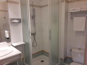 a bathroom with a shower and a toilet and a sink at Logis La Renaissance in Le Lude