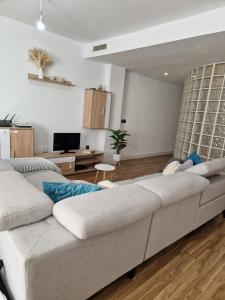 a living room with a couch and a tv at Quarto com banheiro privado em apartamento familiar in Alicante