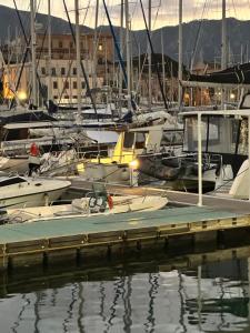 un gruppo di barche ormeggiate in un porto di PM Molo Trapezoidale Palermo 6 Posti Letto a Palermo
