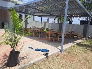 a patio with tables and chairs and a table with a palm tree at LOTUS LODGE in Gaborone