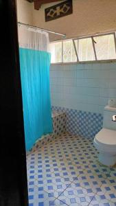 a bathroom with a blue shower curtain and a toilet at COLIBRI VILLA 3 ROOMS in Gisenyi