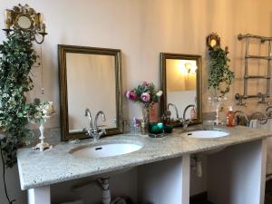 La salle de bains est pourvue de 2 lavabos et de 2 miroirs. dans l'établissement Château de la Mothe, à Saint-Sulpice-en-Pareds