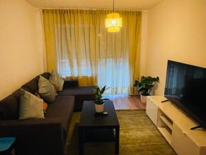 uma sala de estar com um sofá e uma televisão de ecrã plano em Dream home em Essen
