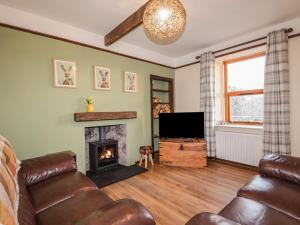 a living room with a couch and a fireplace at Rowan Tree House in Brora