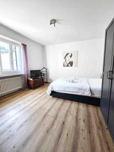 Schlafzimmer mit einem Bett und Holzboden in der Unterkunft Heart of Zurich Modern Studio HG14 in Zürich