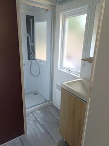 a bathroom with a shower and a sink and a window at Riva Bella chez Caraphou in Ouistreham
