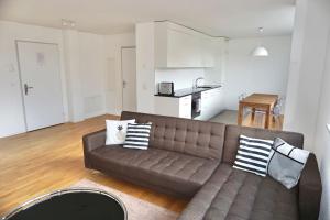 ein Wohnzimmer mit einem braunen Sofa und einer Küche in der Unterkunft Balcony Suite in Central Zurich SH2,4R in Zürich