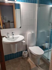 y baño con aseo, lavabo y ducha. en Quarto com banheiro privado em apartamento familiar, en Alicante