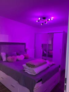een paarse kamer met een bed met kussens en een spiegel bij Cosy T2 au porte d’Orly-Rungis in Chevilly-Larue