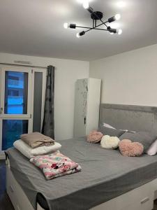 ein Schlafzimmer mit einem Bett mit rosa Kissen darauf in der Unterkunft Cosy T2 au porte d’Orly-Rungis in Chevilly-Larue