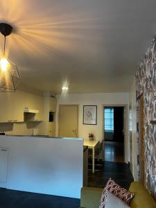 uma cozinha com uma luz azul no tecto em Anna Flat em Gante
