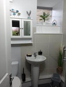 uma casa de banho branca com um lavatório e um WC em Berwick upon Tweed flat em Berwick-Upon-Tweed
