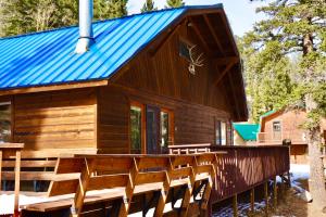 eine Hütte mit einem blauen Zinndach und Holzbänken in der Unterkunft Red River Aspen Retreat in Red River