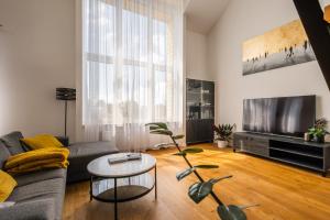a living room with a couch and a tv at Luxury Three-Bedrooms Apartment in Liepāja