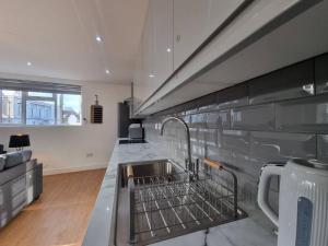 a kitchen with a sink with a dish drying rack at 2 bedroom central apartment near station in London