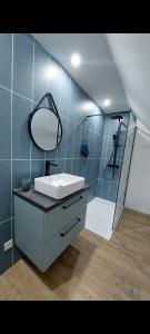 a bathroom with a sink and a mirror and a shower at La Clé du Bonheur in Friville-Escarbotin