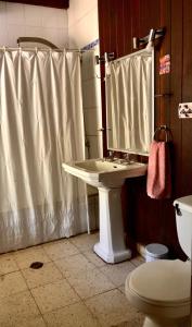 baño con lavabo y cortina de ducha en Alojamiento en Casona Bellavista, una experiencia Patrimonial-Natural, en Talca
