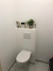 een witte badkamer met een toilet met planten op een plank bij Élégant Appartement proche Commodités - Parfait pour Jeux Olympiques 2024 in Maurepas