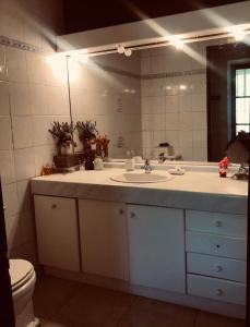 a bathroom with a sink and a mirror and a toilet at Alojamiento en Casona Bellavista, una experiencia Patrimonial-Natural in Talca