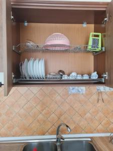 uma cozinha com um lavatório e pratos numa prateleira em Veri's house em Tirana