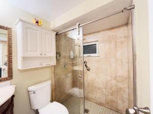 uma casa de banho com um chuveiro e um WC. em Grape Suite-heart of oldtown em Niagara-on-the-Lake