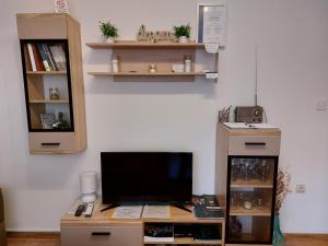 a room with a desk with a tv and a shelf at Apartman SAN in Vukovar