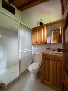 a bathroom with a toilet and a shower and a sink at EL FAUNO in Jericó