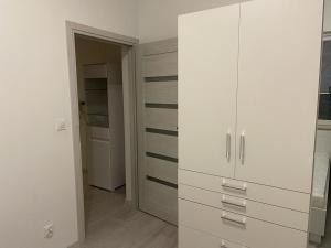 um quarto com armários brancos e um armário em APARTS FOR YOU PREMIUM IX NOWE TORPO em Toruń